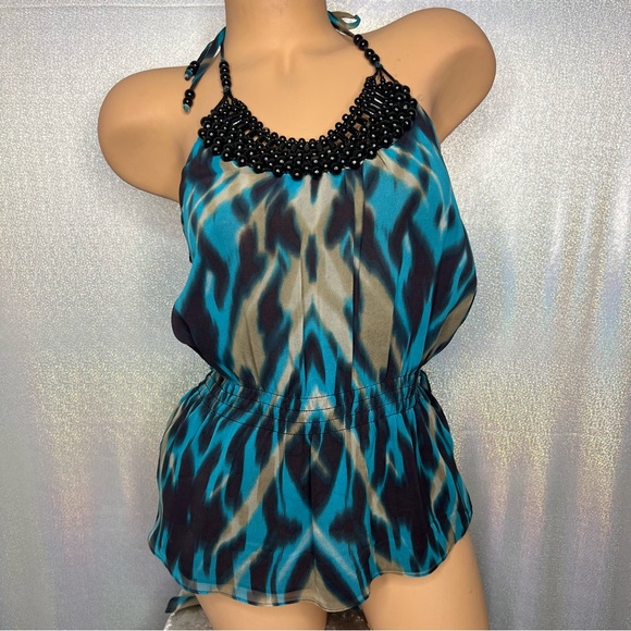 Bebe top blouse tank halter beaded neckline blue cream black belted y2k cute - Picture 11 of 11